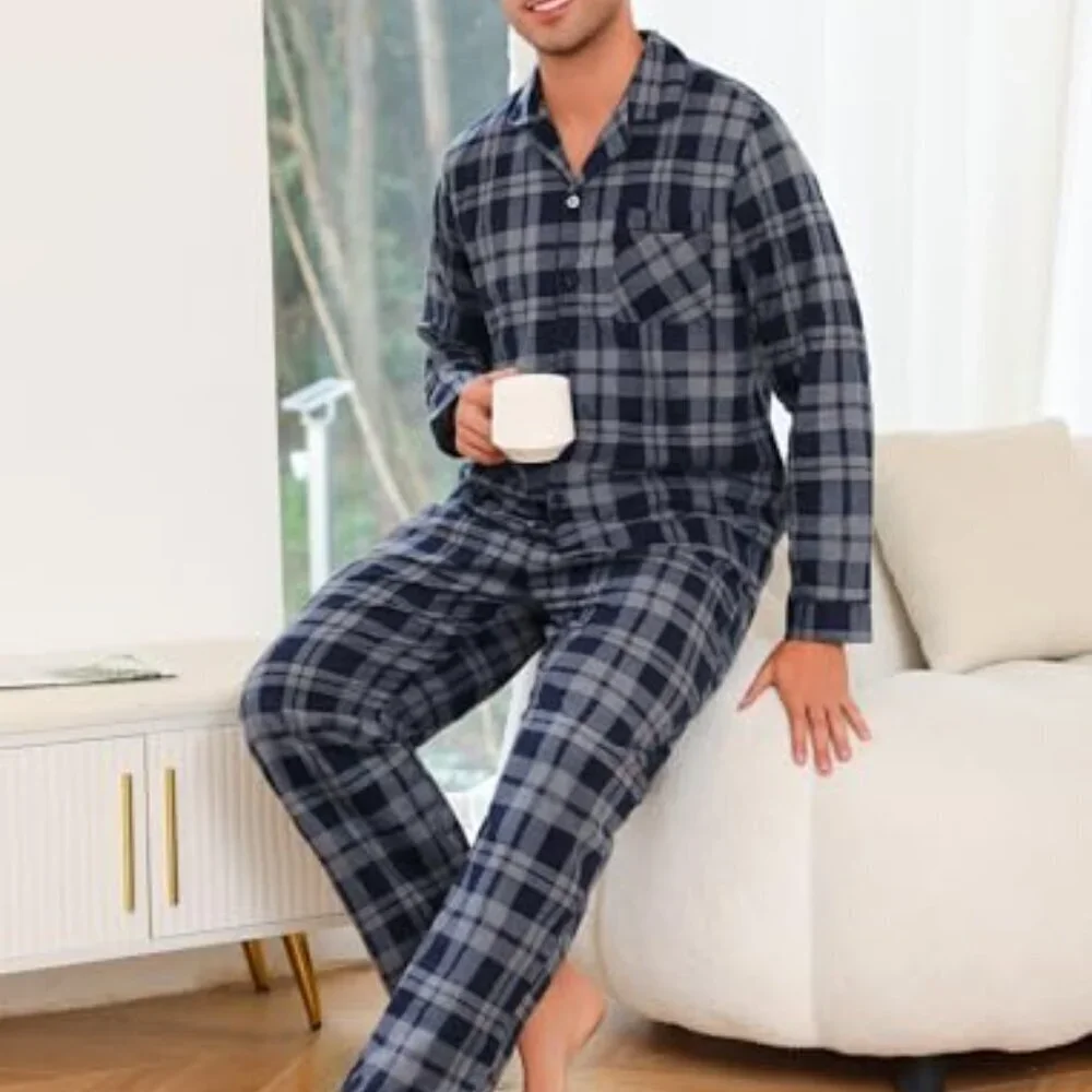 Men's Cotton Flannel Pajama Set Classic Plaid Button Front Sleepwear Lounge